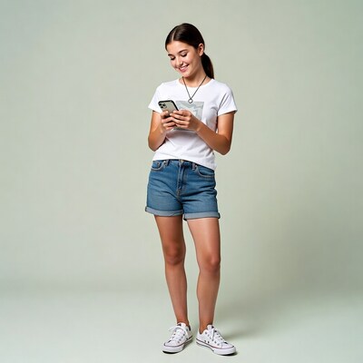 Teen girl smiling at smartphone