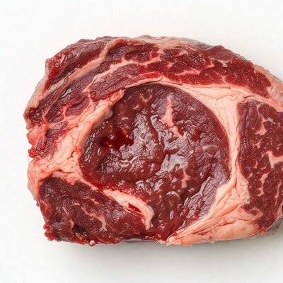 Raw ribeye steak on white background