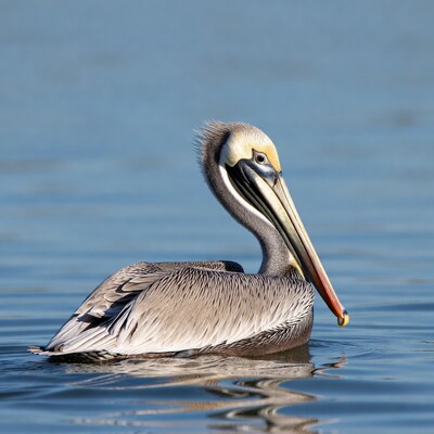 Brown pelican swimming in blue water