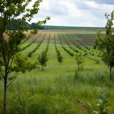 Rows of young trees in green field