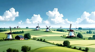 Windmills in Green Fields Landscape
