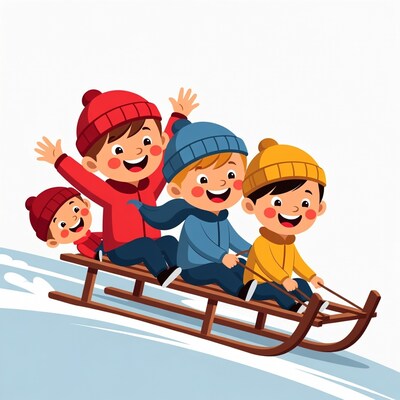 Boys sledding down snowy hill illustration