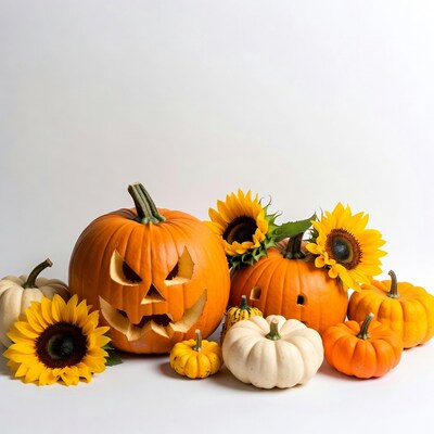 Jack-o-lantern pumpkins with sunflowers