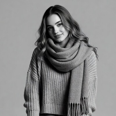 Woman in knitted sweater and scarf