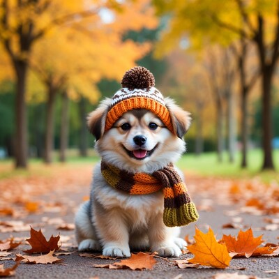 Corgi puppy in hat and scarf among fall leaves