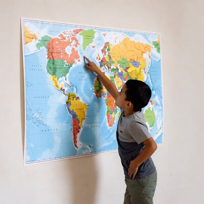 Boy pointing at world map