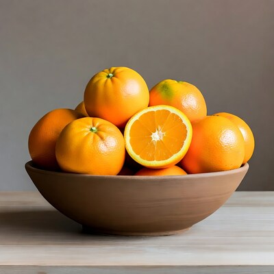 Oranges in terracotta bowl