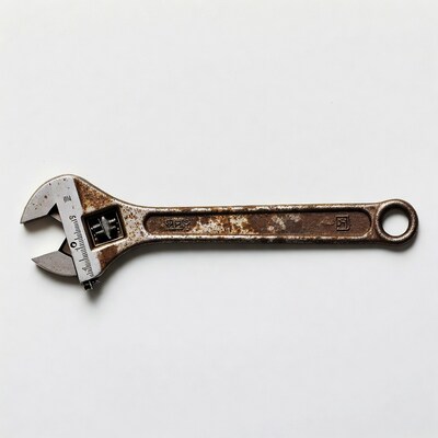 Rusty adjustable wrench on white background