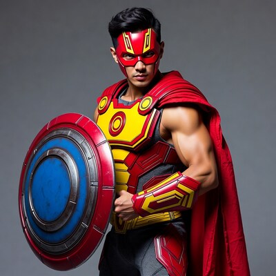 Asian man in red Iron Man Captain America cosplay