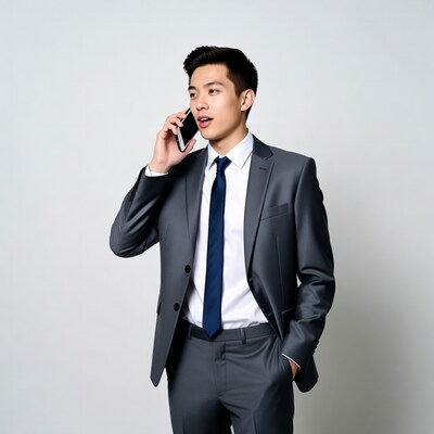 Asian man in suit talking on phone
