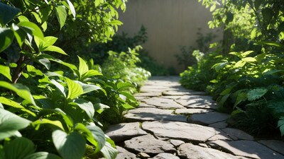 Stone path through lush green garden