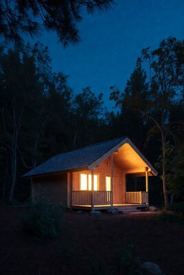Wooden cabin lit up in forest night