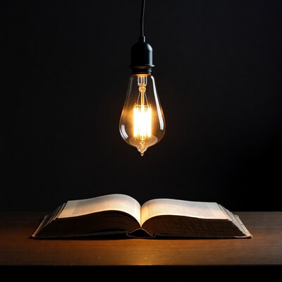 Lit bulb over open book