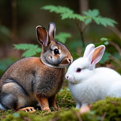 Brown and white bunny noses touching