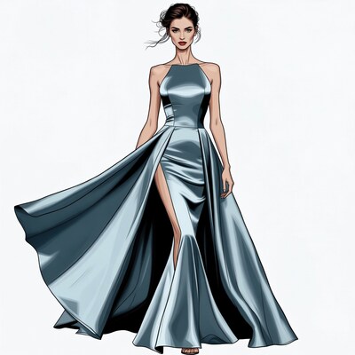 Woman in flowing silver gown illustration