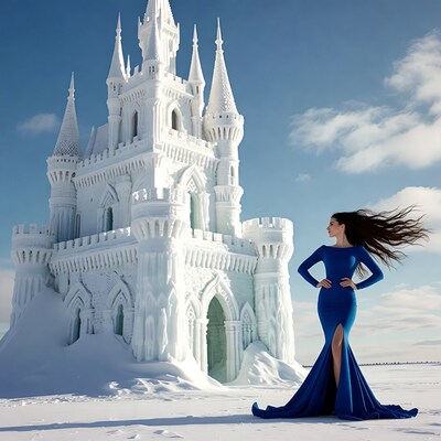 Woman in blue gown at ice castle