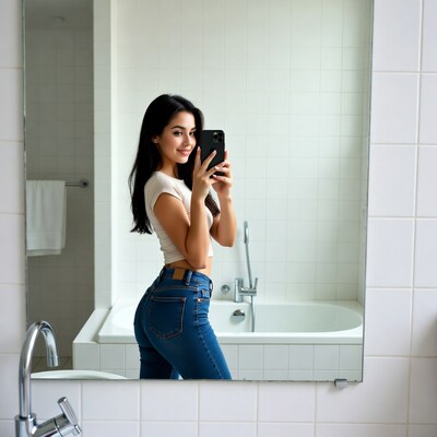 Asian woman taking bathroom mirror selfie