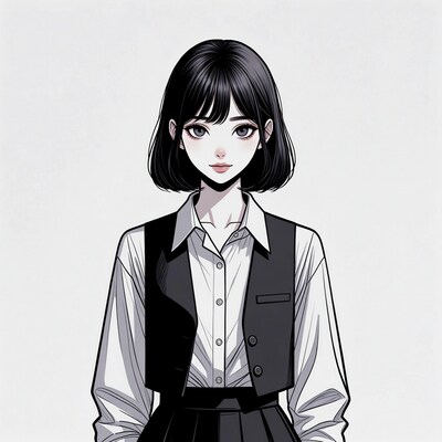 Anime girl in white shirt black vest skirt