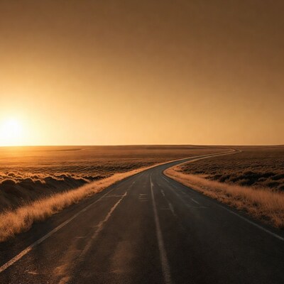 Curvy road in golden sunset plains