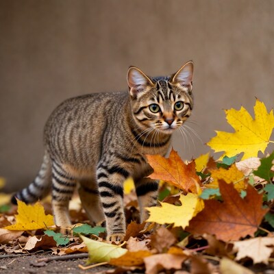 Tabby kitten walking in autumn leaves
