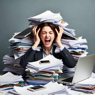 Woman screaming amid paperwork overload