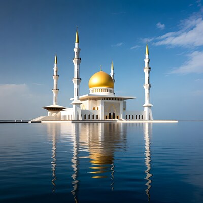 White Mosque with Golden Dome on Water