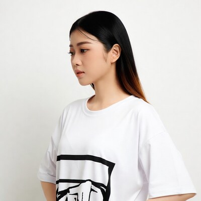 Asian woman in white oversized t-shirt profile