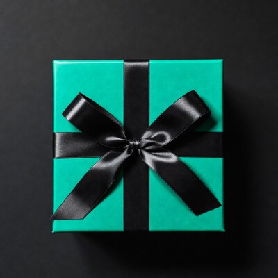 Teal gift box with black bow