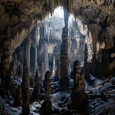 Stalactites in Sunlit Cave