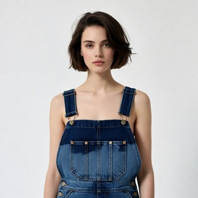 Woman in blue denim overalls