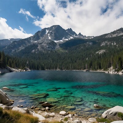 Turquoise alpine lake with mountains