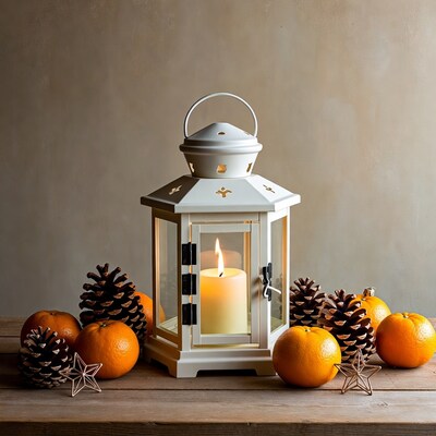 White Lantern with Candle and Oranges