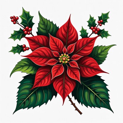 Red Poinsettia with Holly Leaves