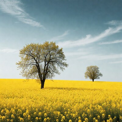 Trees in yellow rapeseed field