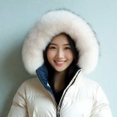 Asian woman smiling in white fur hood jacket