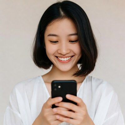 Asian woman smiling at smartphone