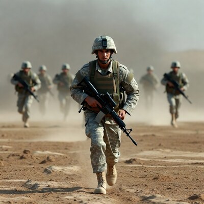 Soldier running with rifle in desert