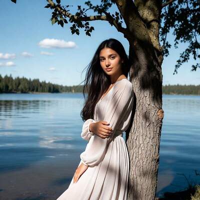 Woman in white dress by tree lake
