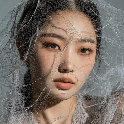 Asian woman veiled in white lace