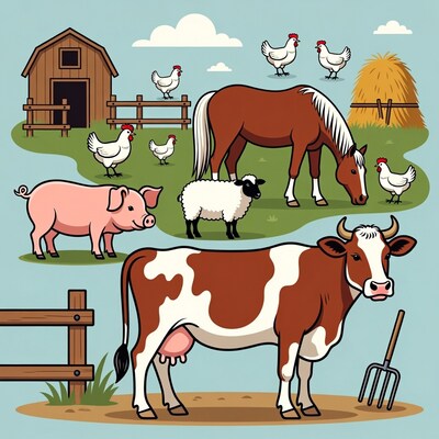 Farm animals illustration with barn