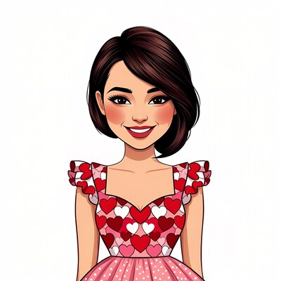 Asian woman in heart dress smiling
