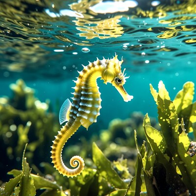 Yellow Seahorse in Underwater Kelp