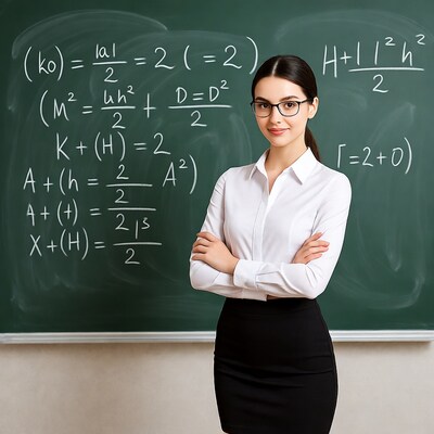 Woman teacher with arms crossed by blackboard