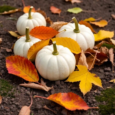 White pumpkins with autumn leaves