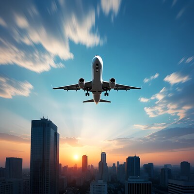 Airplane flying over city skyline sunset