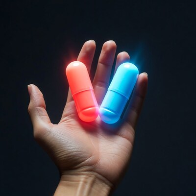 Hand holding red blue glowing pills
