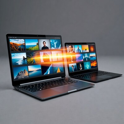 Laptops transferring photos with light beam