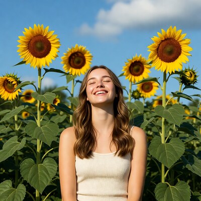 Young woman smiling in sunflower field