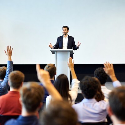 Man speaking at podium to audience