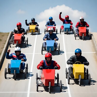 Men racing soapbox carts downhill